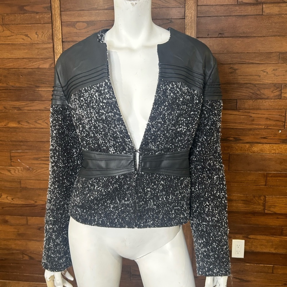Mark size large poly blend blazer faux leather accents, hook, and eye closure